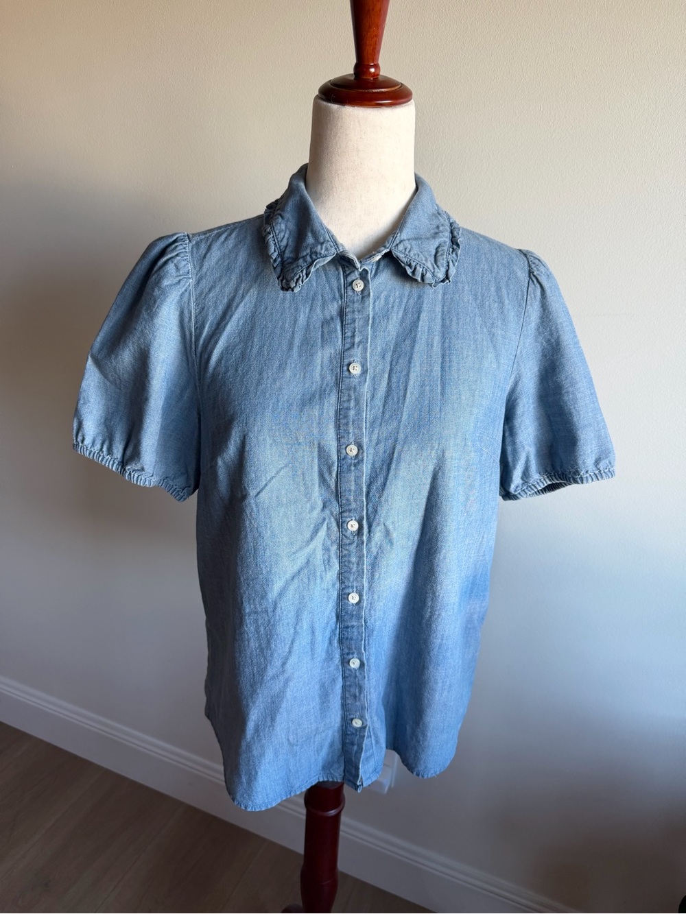 J. Crew Light Blue Denim Button-Front Puff Sleeve Shirt